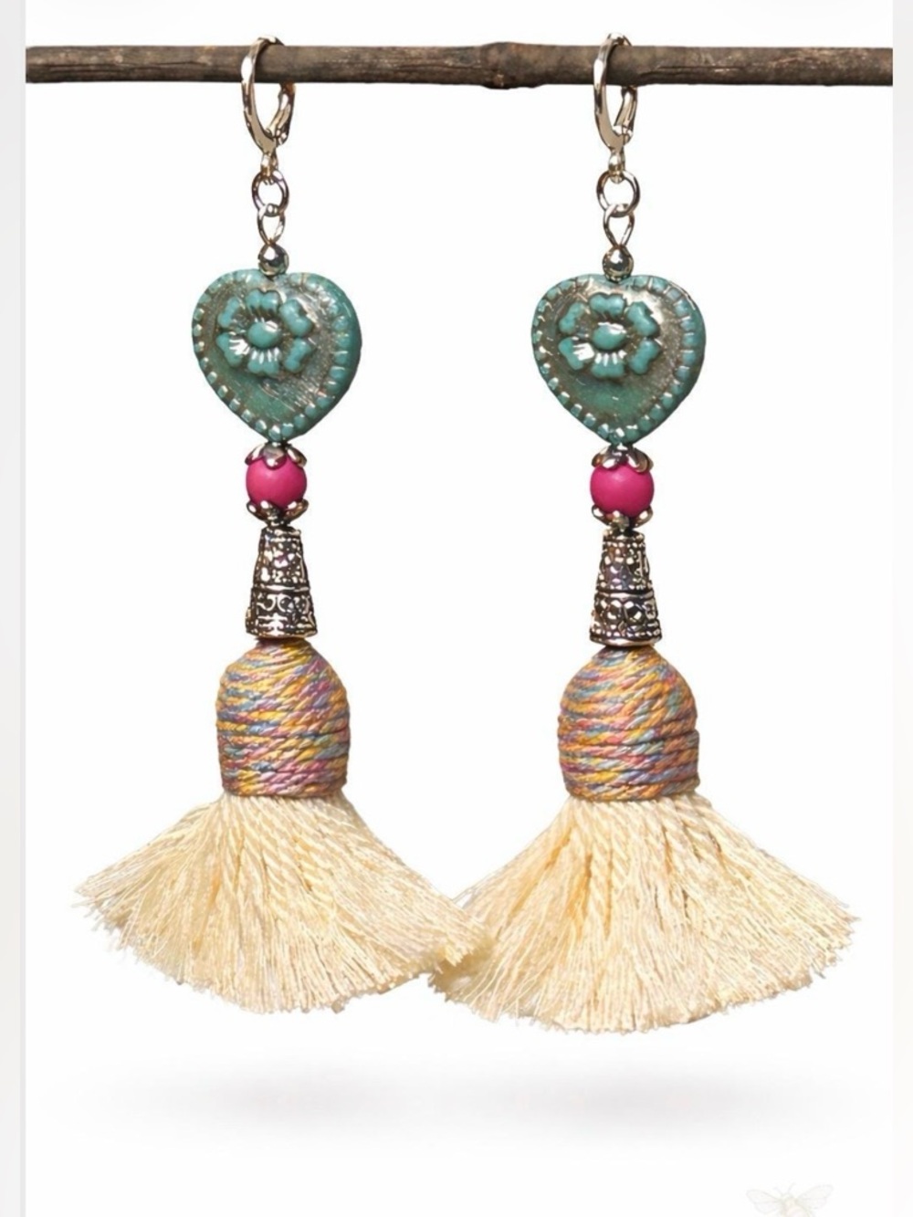 Turquoise Heart Earrings | Silver Patina Floral | Cotton Tassel | 2.5” Dangle